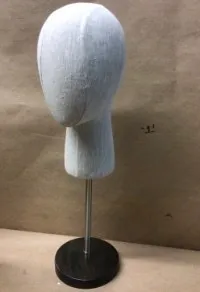 linen wig, hat, display head on chrome base 