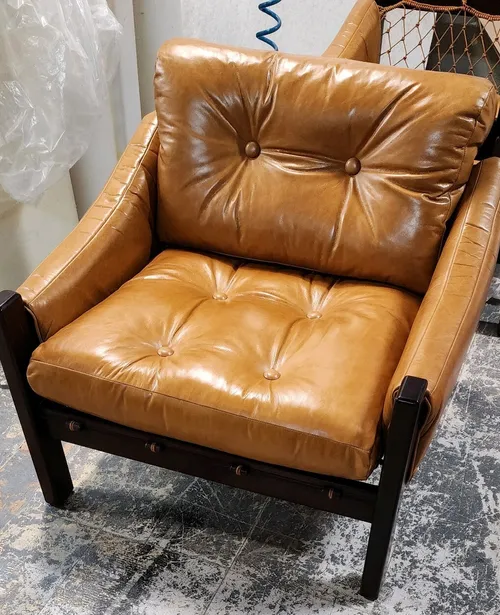 Brazilian lounge chair brown leather wood frame / possibly Percival Lafer