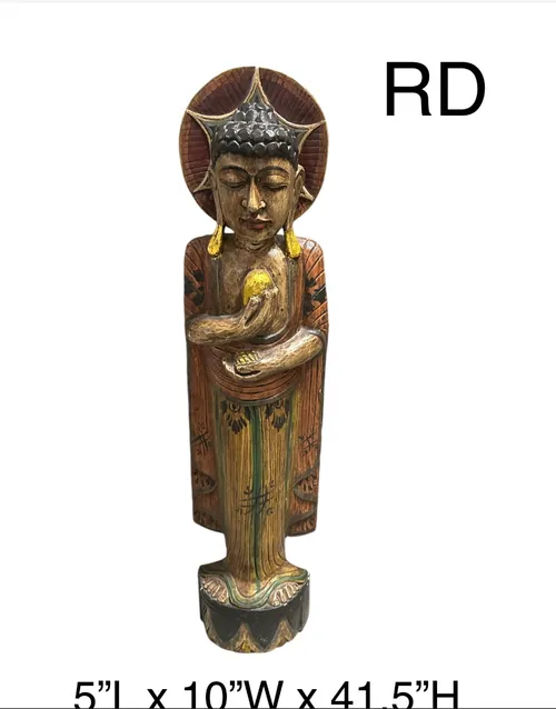 standing buddah wood painted with sun behind head 