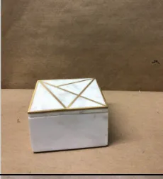 small marble/alabaster  box with brass inlay top white 