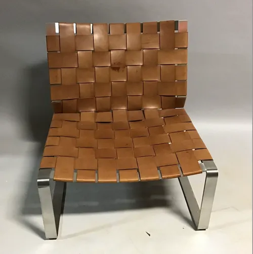 lounge chair handcrafted woven leather and steel designer holly hunt 
