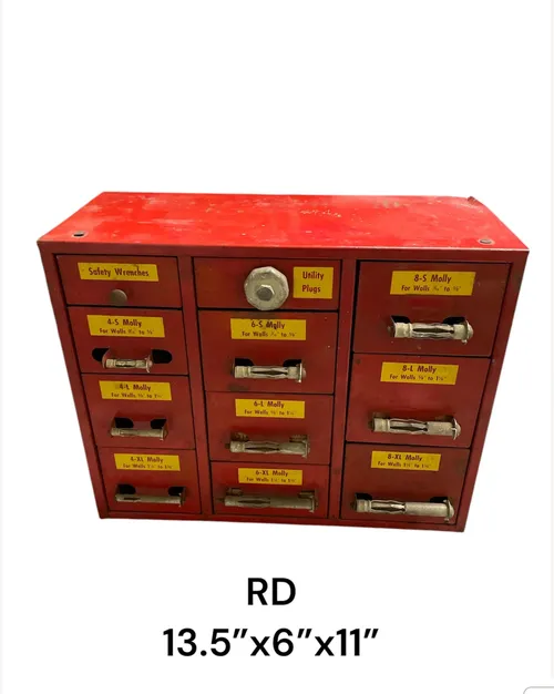 hardware vintage  table top metal 11 drawer molly tool box orange/red rust  13.5 x 6x11
