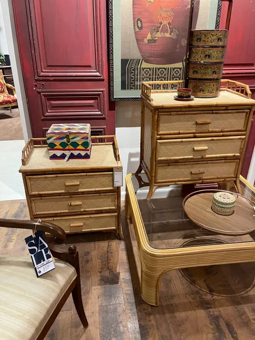 rattan bamboo grass mat 3 drawer bedside tables  16 x27x 29h