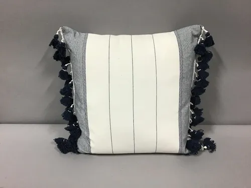 square black indidgo and white stripe pillow with tassels 