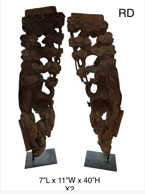 pair of antique wood carved sculptures asian /chinese temple corbel 7