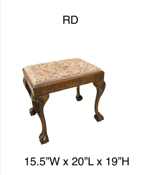 clawfoot wooden stool floral embroidered top 15.5 x20x19h