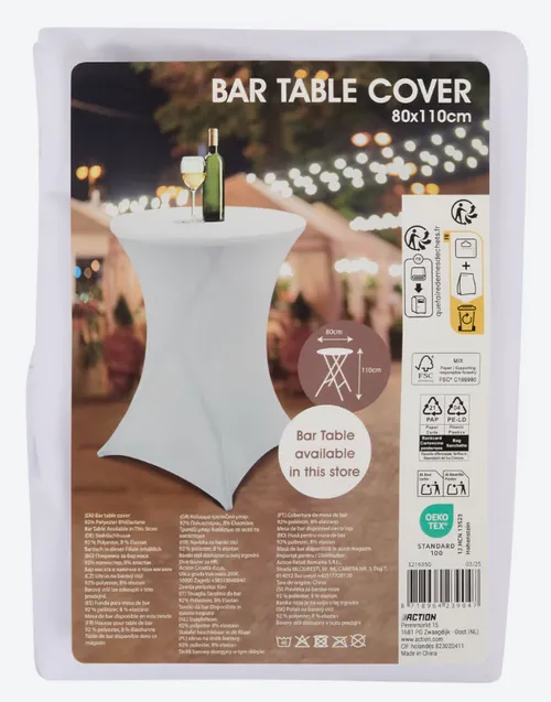 Housse blanche pour table haute Ø 80 × 110 cm – location pour manges debout