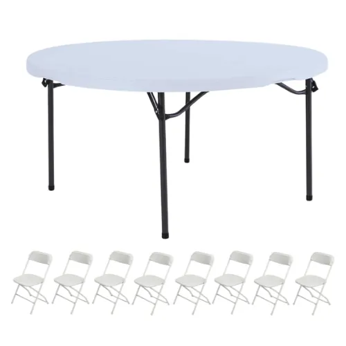 5ft Round Banquet Table & 8 White Folding Chairs