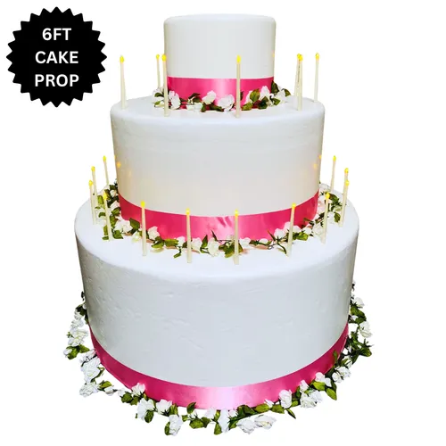 Pop-Out Birthday Cake Prop 6ft + Florals & Pink Ribbon 