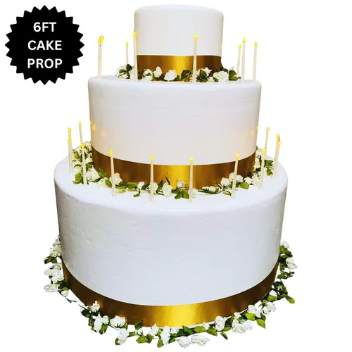 Pop-Out Birthday Cake Prop 6ft + Florals & Gold Ribbon 