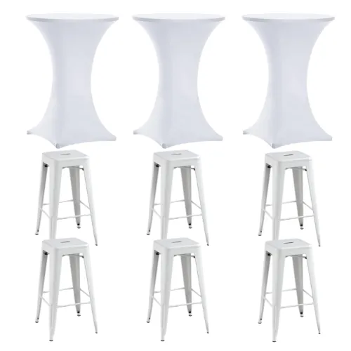 3 Highboy Cocktail Tables + White Spandex Linens + 6 White Barstools
