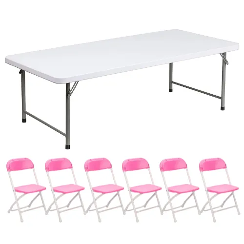 Kids 5ft Table & 6 Pink Plastic Kids Chairs