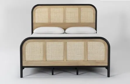 Black and Rattan Bed with Footboard - Queen