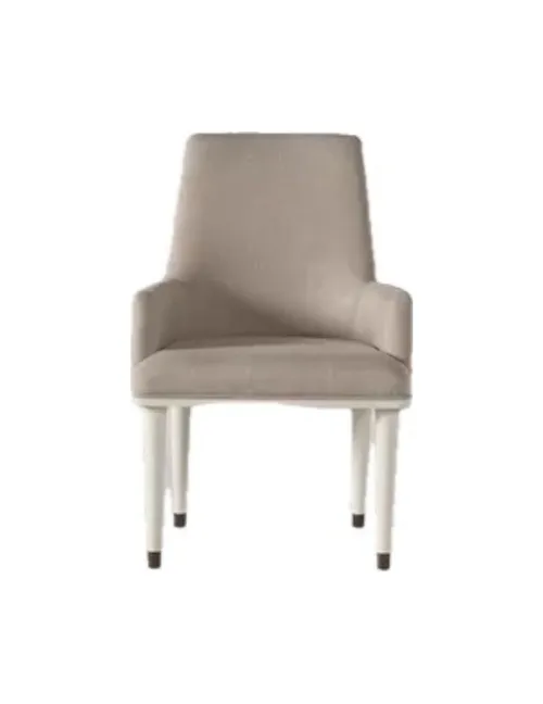 Beige Linen Armchair with White Legs & Hardware on Back