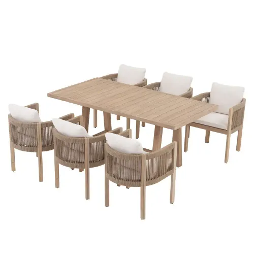 7 Piece Beige Outdoor Wooden Dining Set