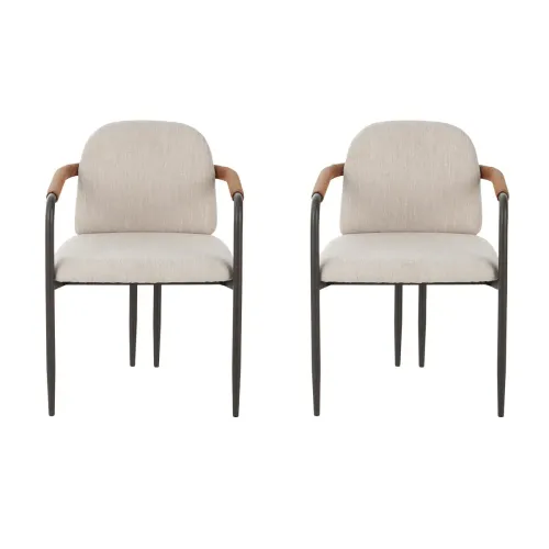 Set of 2 - Modern Cream and Iron Dining Chair with Leather Arms