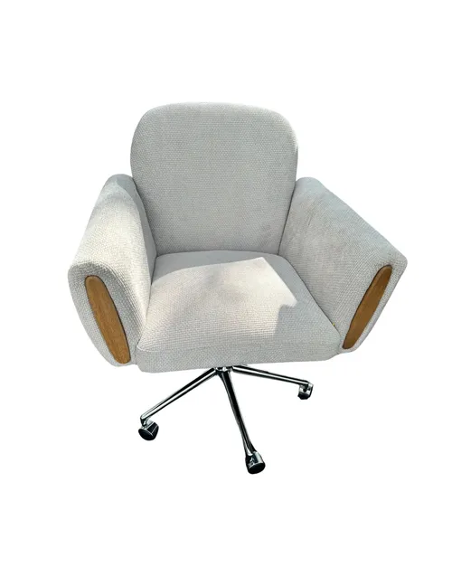 Ivory Chenille Rolling Desk Chair with Wood Arm