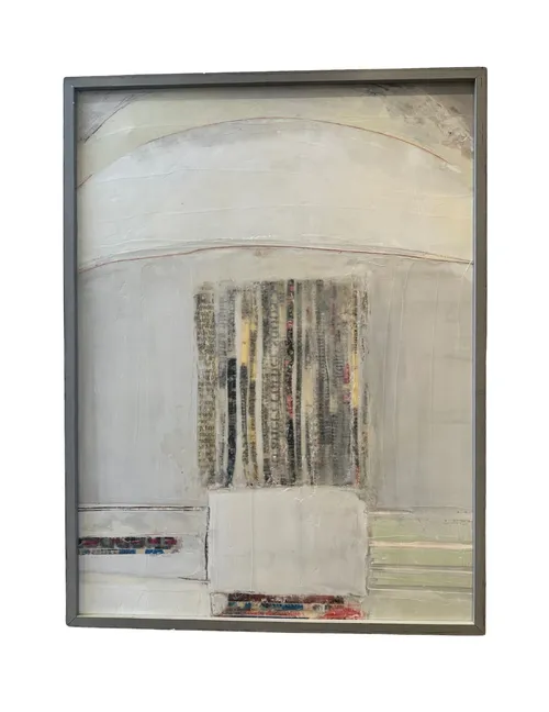 Large Framed Canvas Mixed Media Art - Grays, Whites, Creams, Small Bits of Red & Blue