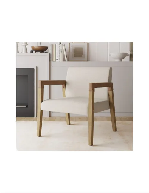 Modern Cream Accent Chair with Wood Legs & Leather Arms