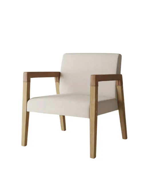Modern Light Beige Accent Chair with Textured Wood Legs & Leather Arms