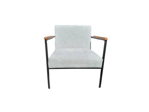Gray Upholstered Accent Chair with Black Legs and Wood Arm