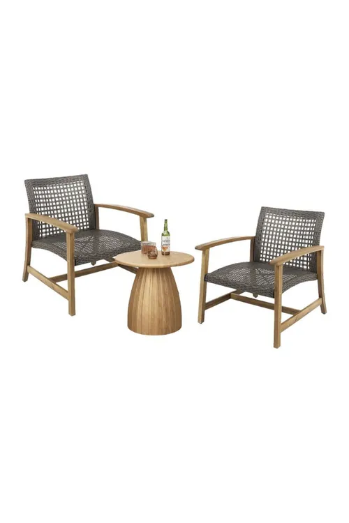 Set of 2 - Outdoor Brown Club Chairs with Wood Side Table