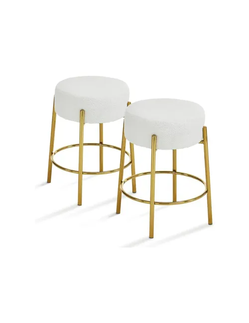 Round Ivory Boucle Barstool with Gold Base - Counter Height