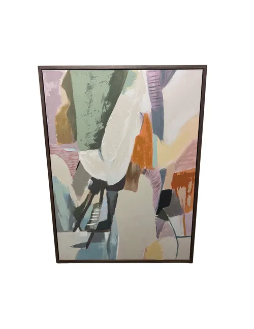 Large Framed Abstract Painted Canvas Art - Green, Lavender, Orange, Blue