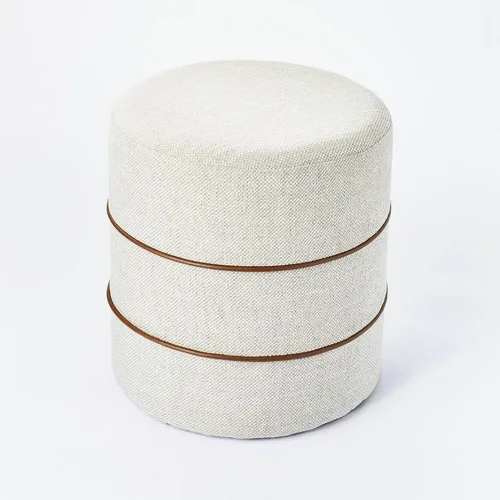 Gray Tweed Ottoman with Leather Piping