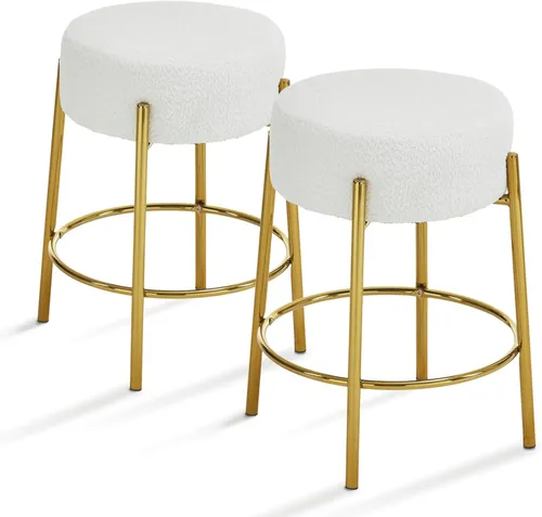 Round Ivory Boucle Barstool with Gold Base - Counter Height
