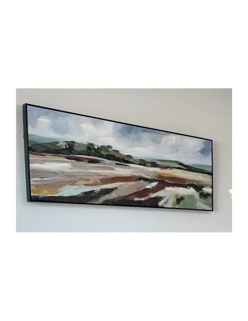 Large Horizontal Framed Landscape Abstract Painted Canvas Art - Green, Burgundy, Tan