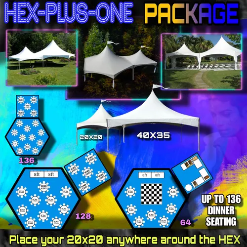 (HEX 40X35 HIGH PEAK + 20X20 HIGH PEAK) 18 TABLES 144 STANDARD CHAIRS