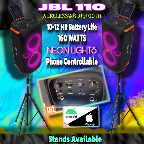 JBL 110 PARTYBOX (WIRELESS & BLUETHOOTH / 1 SPEAKER 1 STAND 2 MICROPHONES. SECURITY DEPOSIT REQUIRED