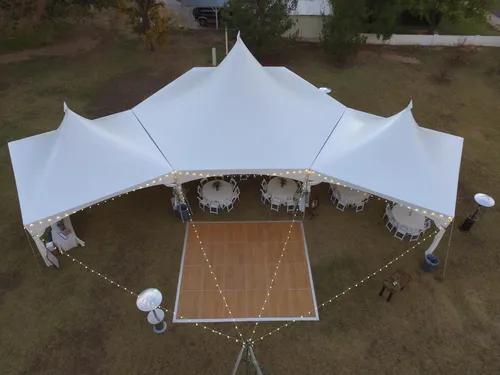 (HEX 40X35 HIGH PEAK TENT + (2) 20X20 HIGH PEAK TENTS) 22 TABLES / 176 STANDARD CHAIRS / GLOBE LIGHTS