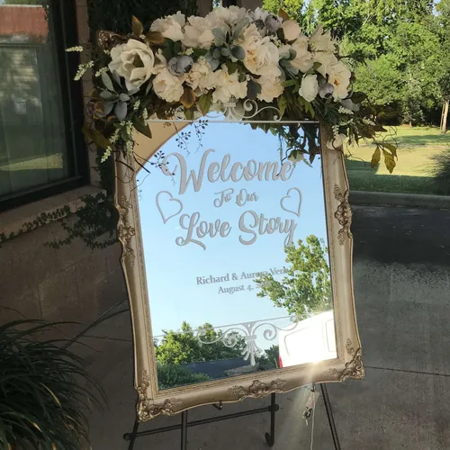 Mirror Customized with Names and Date (Love Story)..Add on a floral and Easel