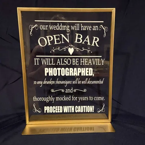Open Bar Acrylic Sign in Gold Standing Frame