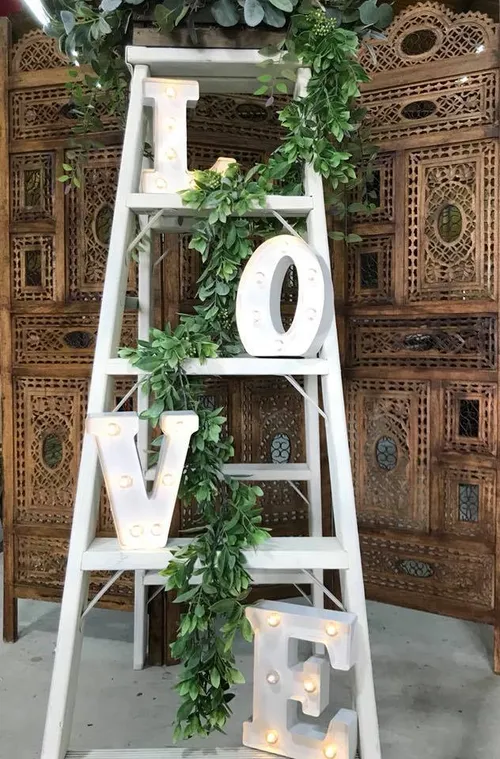 Antique Ladder  White with Light up Love..Add on a crate of flowers in your colors if you like!