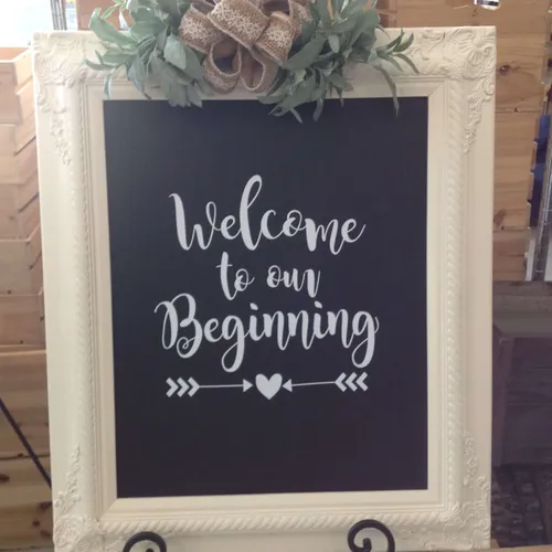 Sign Welcome to our Beginning in White Frame Add on Flowers or Easel