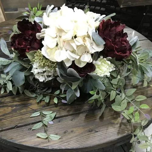 Floral Arrangement Burgundy and Shades of White...great for a table or ladder top