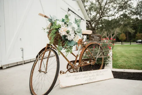 Antique Bicycle with Basket, Welcome Banner and Sign...Add on the flowers in your colors for the basket if you like!