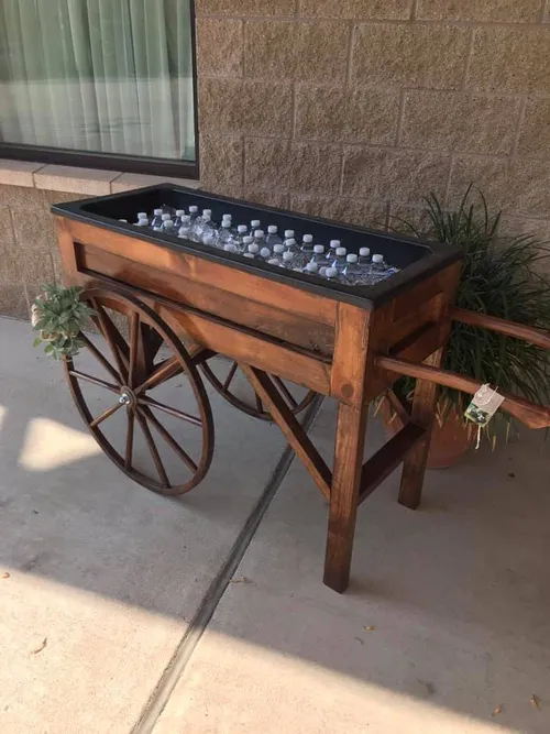 Rustic Peddler Cart Table or Drink Bin on Wagon Wheels