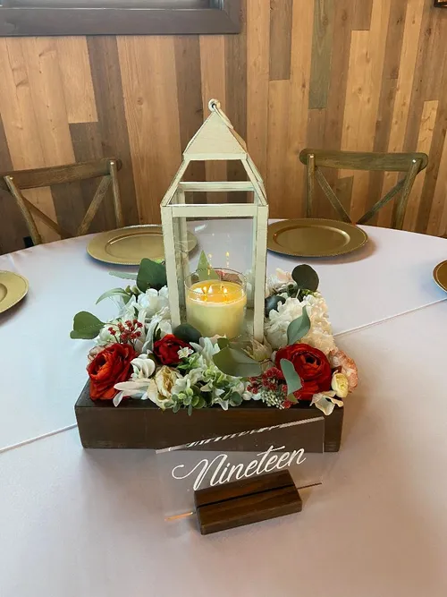 Centerpieces   Large Wooden Box with Shades of White  Florals can add accent colors of your choice  (add lantern or hurricane)