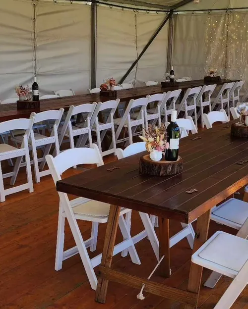 Walnut Stained Trestle Tables 2.4m long x 800mm (Seat 8 per table) or 4 on 1 side for bridal table