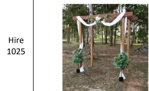 Spotted Gum Wooden Arbor 2.6m x 1m deep x 2.4m tall. Assembled with 10m of Chiffon supplied DIY Decorate for floral.