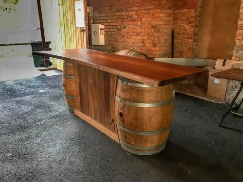 Barrel Bar - 2 cabinet barrels, slab and bar wall