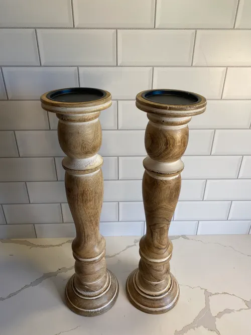 Set of 2 Light Wood Distressed Candleholder