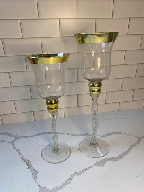 Set of 2 Gold Rimmed Glass Pedestal Candleholders