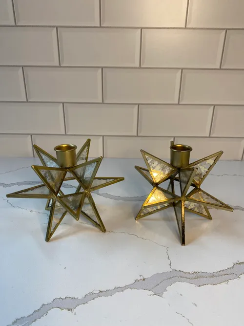 Gold Metal and Glass Star Taper Candleholders