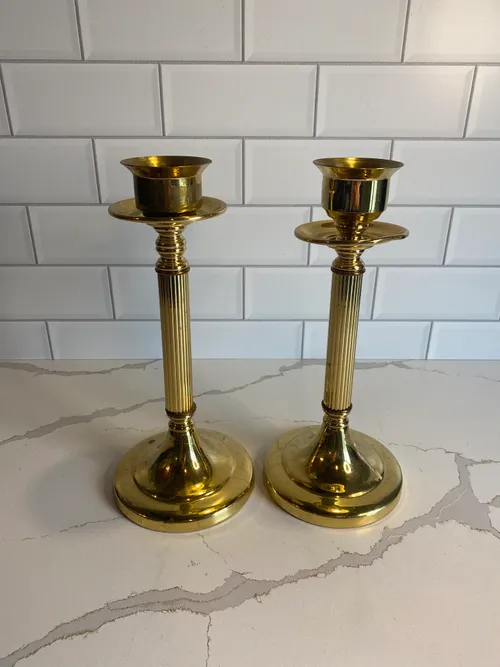 Shiny Brass Column Candlestick Set