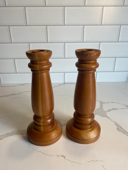 Set of 2 Thick Wood Candlesticks